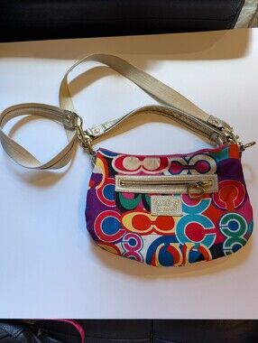 Coach Poppy Multicolor Signature Pattern Crossbody Bag in Gold Trim